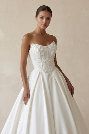 3D Floral Strapless Corset Satin Wedding Gown in White - KISS BRIDAL Wedding Dresses