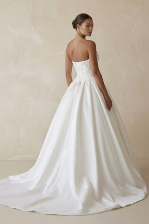 3D Floral Strapless Corset Satin Wedding Gown in White - KISS BRIDAL Wedding Dresses