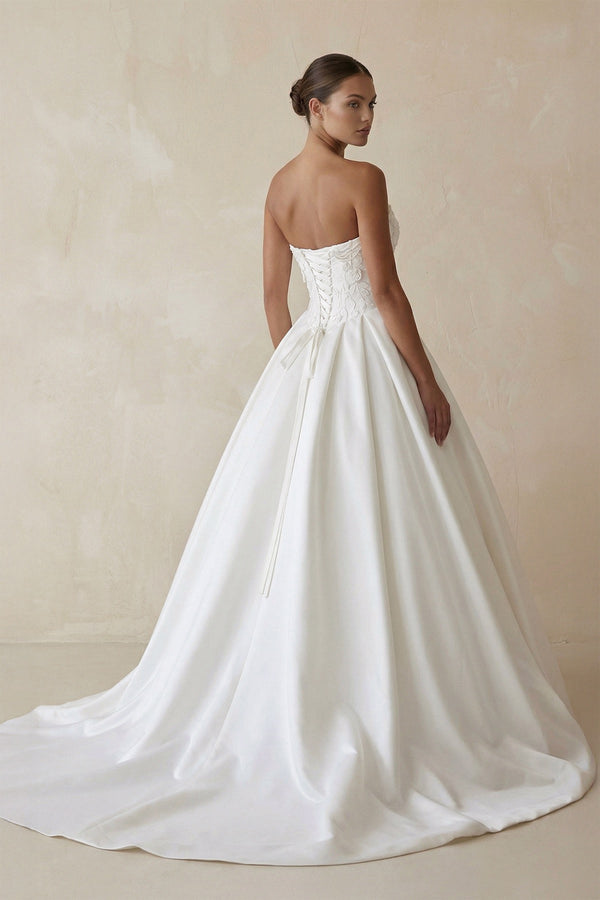 3D Floral Strapless Corset Satin Wedding Gown in White - KISS BRIDAL Wedding Dresses