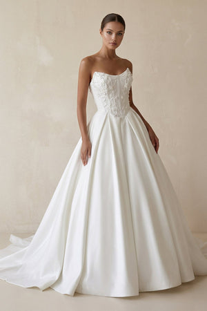 3D Floral Strapless Corset Satin Wedding Gown in White - KISS BRIDAL Wedding Dresses