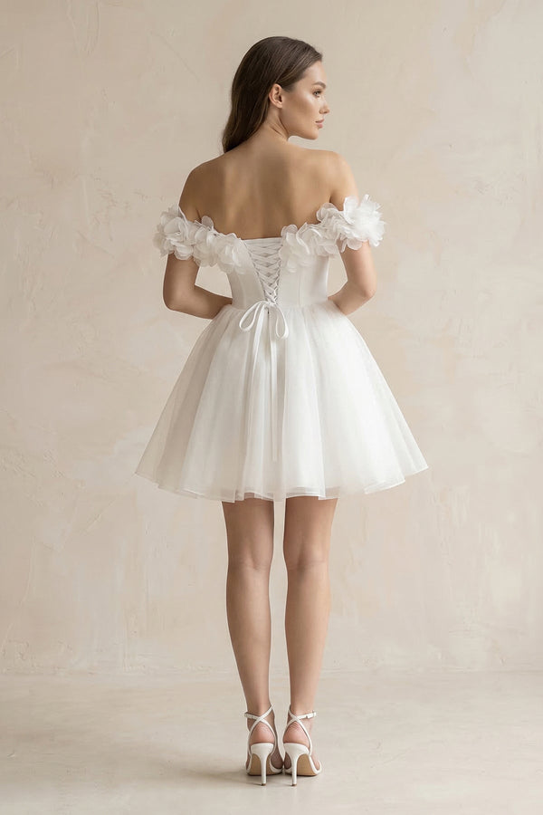 3D - Flower Off - the - Shoulder A - Line Tulle Wedding Dress in Ivory - KISS BRIDAL Wedding Dresses