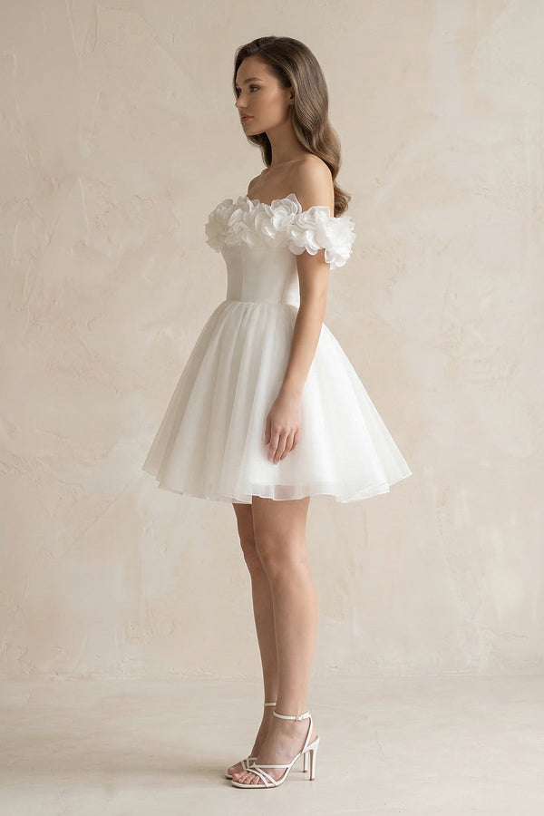 3D - Flower Off - the - Shoulder A - Line Tulle Wedding Dress in Ivory - KISS BRIDAL Wedding Dresses