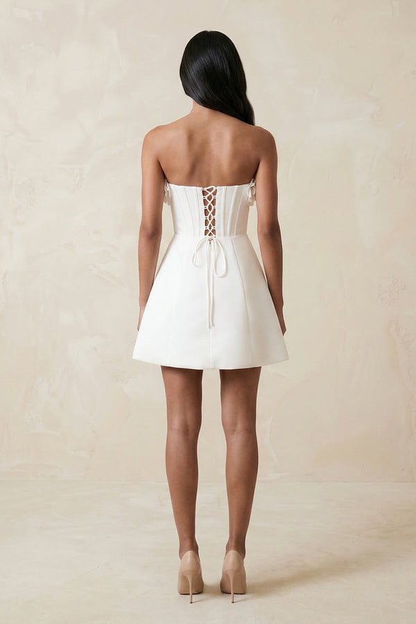 3D Flower Strapless Corset A - Line Crepe Wedding Dress in White - KISS BRIDAL Wedding Dresses