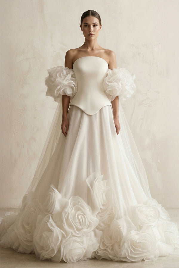 3D - Flower Tulle Strapless A - Line Wedding Dress in Ivory - KISS BRIDAL Wedding Dresses