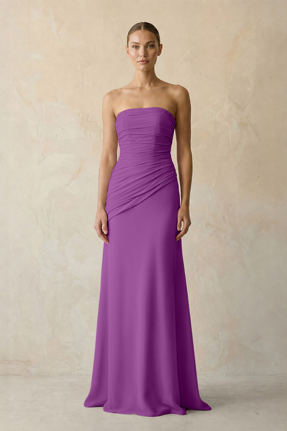 Sheath Chiffon Strapless Pleated Bridesmaid Dress in Amethyst