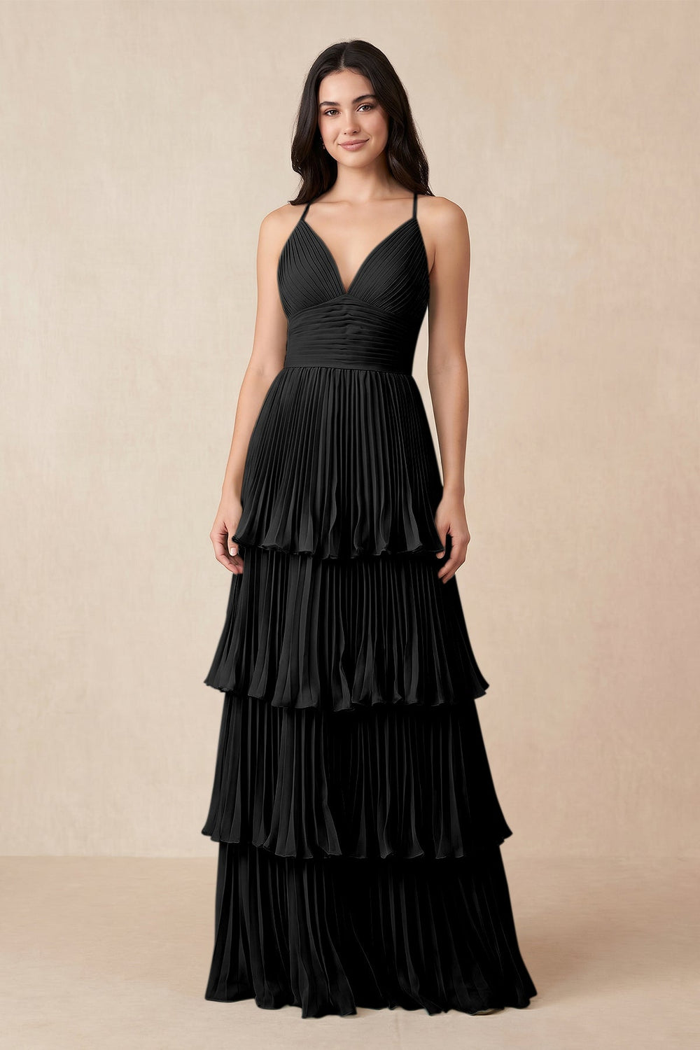 Tiered Pleated V-Neck A-Line Chiffon Bridesmaid Dress in Black