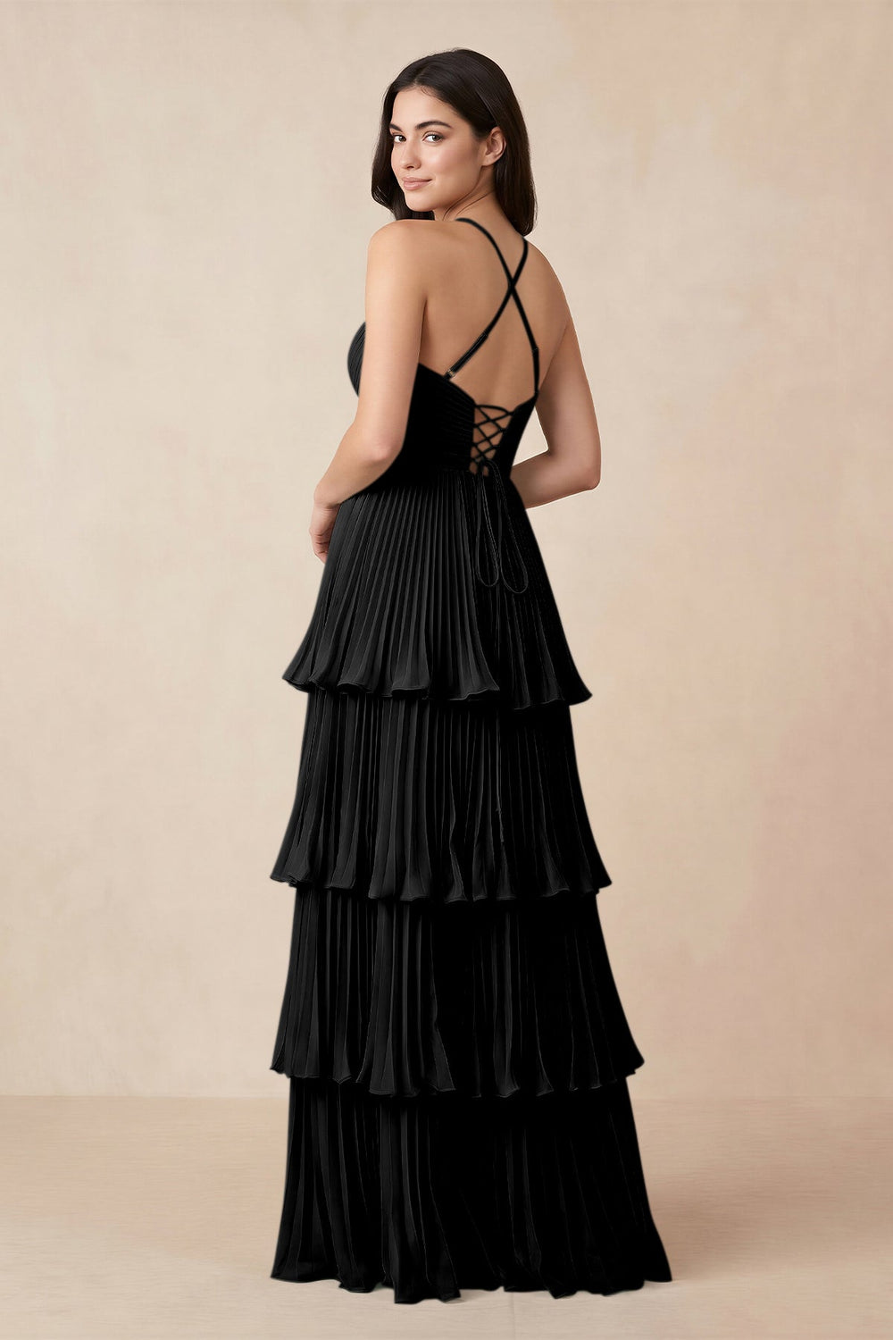 Tiered Pleated V-Neck A-Line Chiffon Bridesmaid Dress in Black