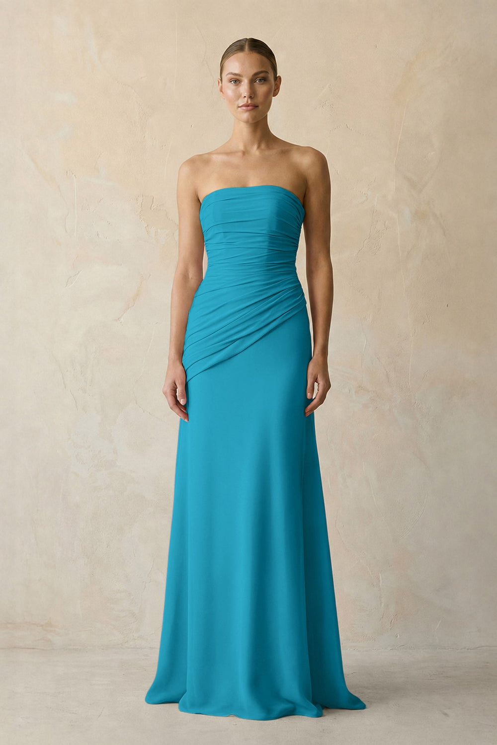 Sheath Chiffon Strapless Pleated Bridesmaid Dress in Blue Jay