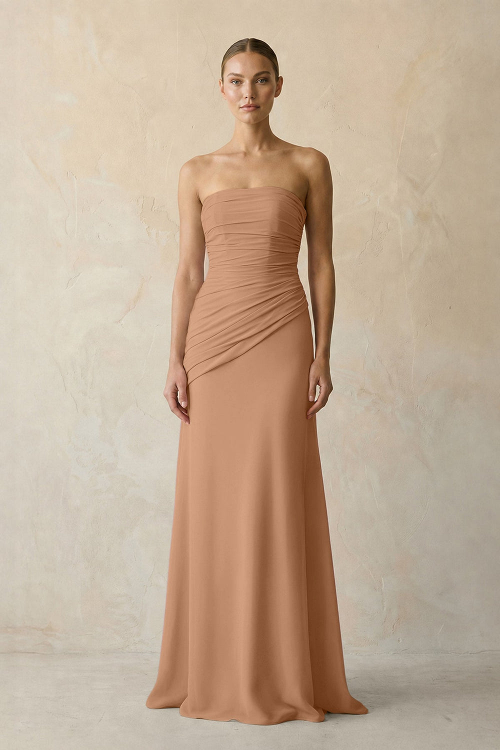 Sheath Chiffon Strapless Pleated Bridesmaid Dress in Bronzer