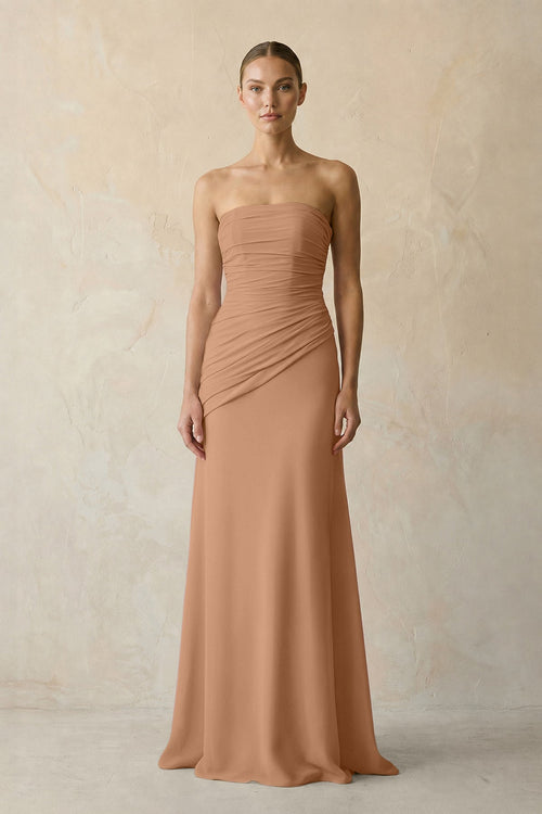Bronzer Sheath Chiffon Strapless Pleated Bridesmaid Dress in Frost - KISS BRIDAL Bridesmaid Dresses
