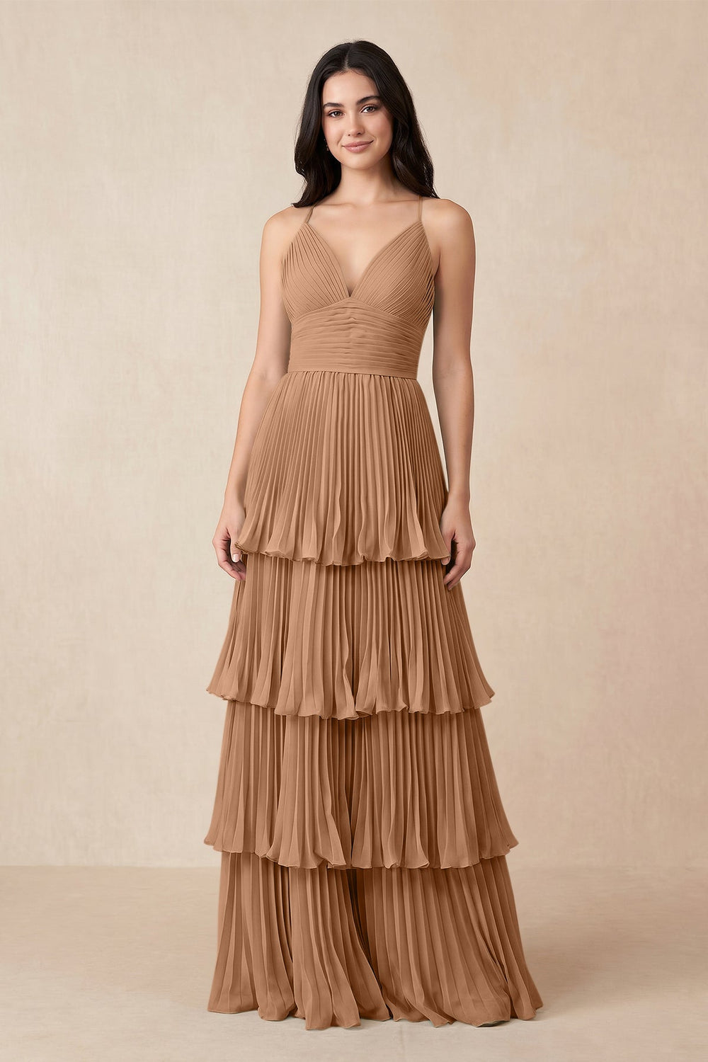 Tiered Pleated V-Neck A-Line Chiffon Bridesmaid Dress in Bronzer