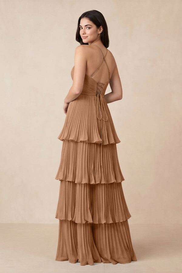 Tiered Pleated V - Neck A - Line Chiffon Bridesmaid Dress in Bronzer - KISS BRIDAL Bridesmaid Dresses