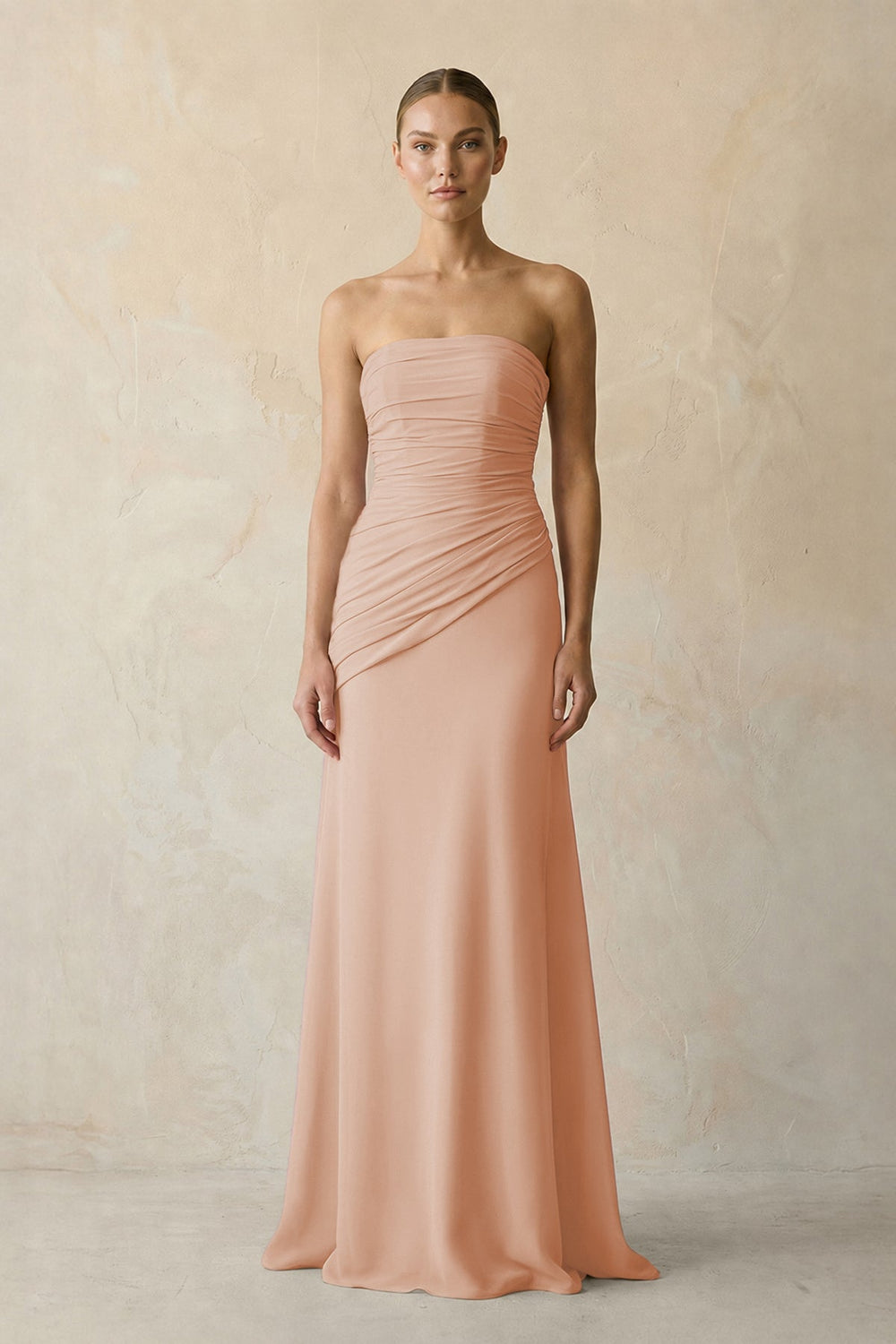 Sheath Chiffon Strapless Pleated Bridesmaid Dress in Champagne Rose