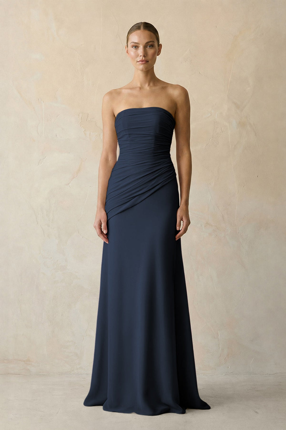 Sheath Chiffon Strapless Pleated Bridesmaid Dress in Dark Navy