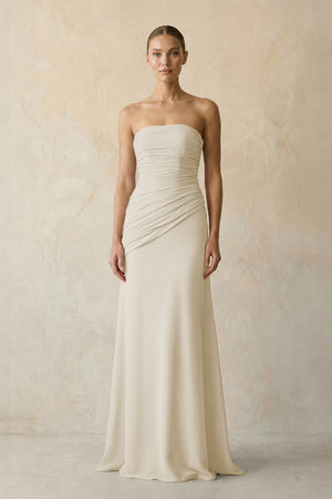 Dove Gray Sheath Chiffon Strapless Pleated Bridesmaid Dress in Frost - KISS BRIDAL Bridesmaid Dresses