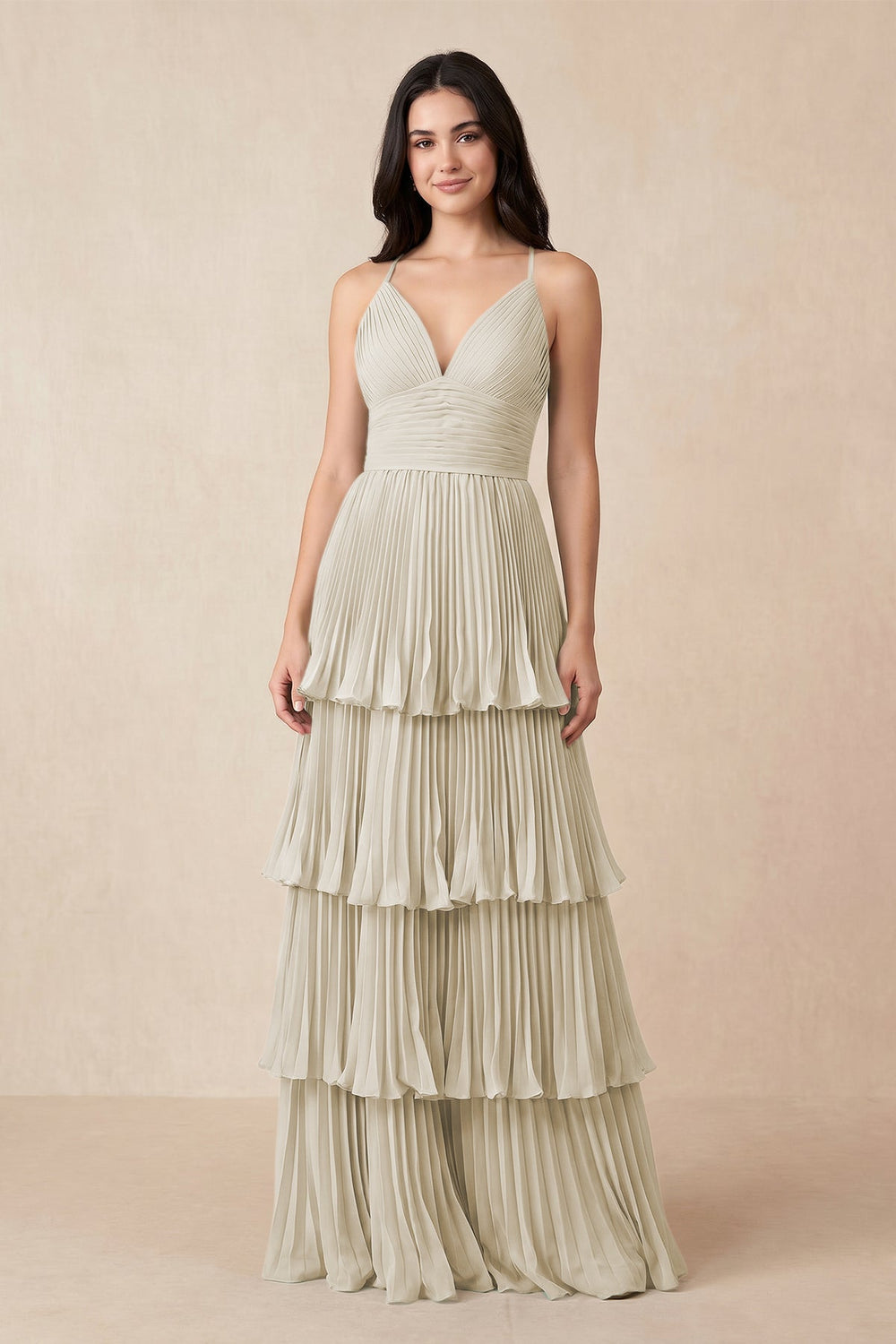 Tiered Pleated V-Neck A-Line Chiffon Bridesmaid Dress in Dove Gray