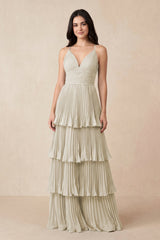 Tiered Pleated V - Neck A - Line Chiffon Bridesmaid Dress in Dove Gray - KISS BRIDAL Bridesmaid Dresses