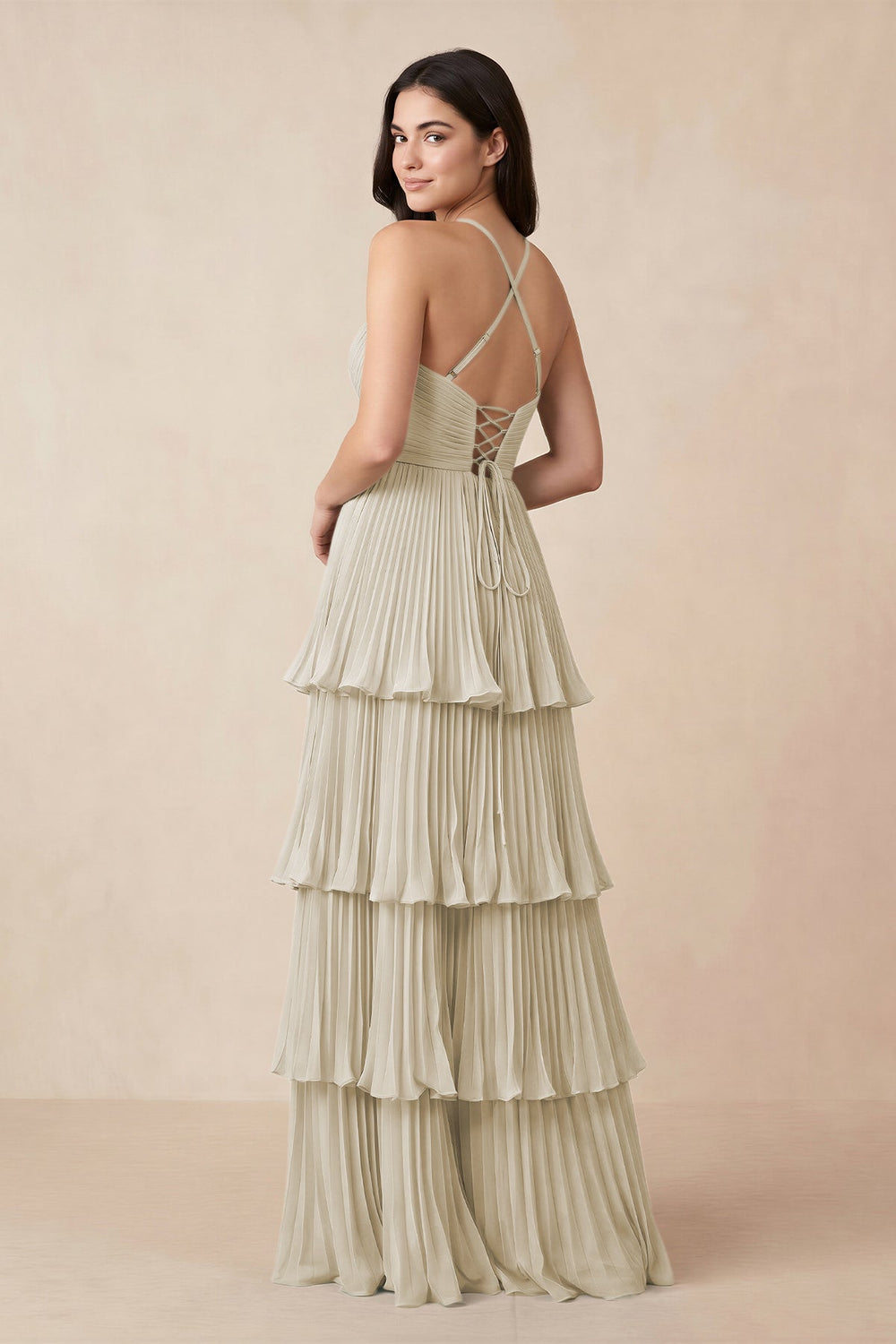 Tiered Pleated V-Neck A-Line Chiffon Bridesmaid Dress in Dove Gray