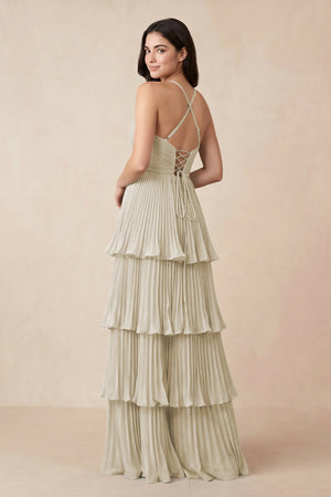 Tiered Pleated V - Neck A - Line Chiffon Bridesmaid Dress in Dove Gray - KISS BRIDAL Bridesmaid Dresses