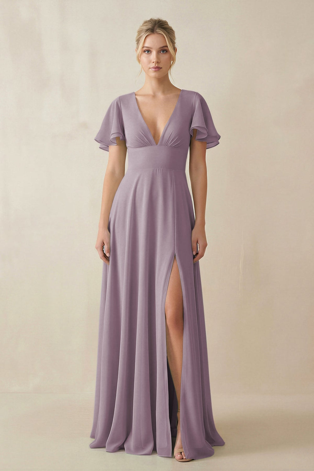 V-Neck Ruffled Short Sleeves A-Line Bridesmaid Dress in Dusk