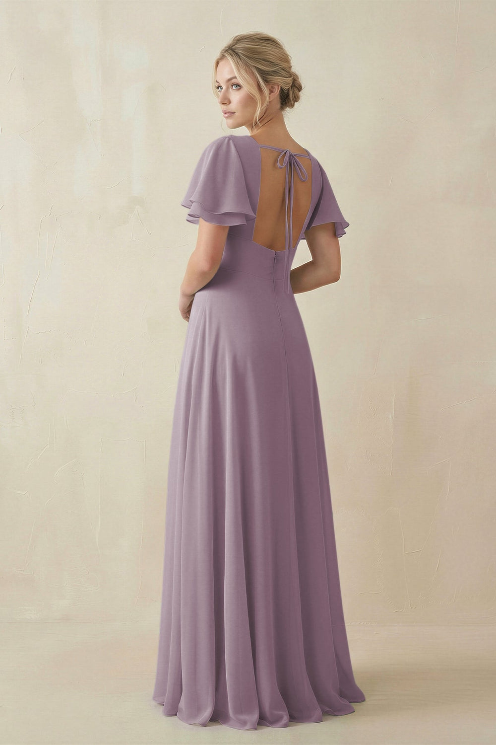 V-Neck Ruffled Short Sleeves A-Line Bridesmaid Dress in Dusk