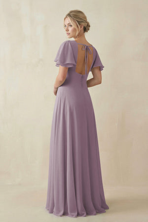 Dusk V-Neck Ruffled Short Sleeves A-Line Bridesmaid Dress | KISSBRIDAL