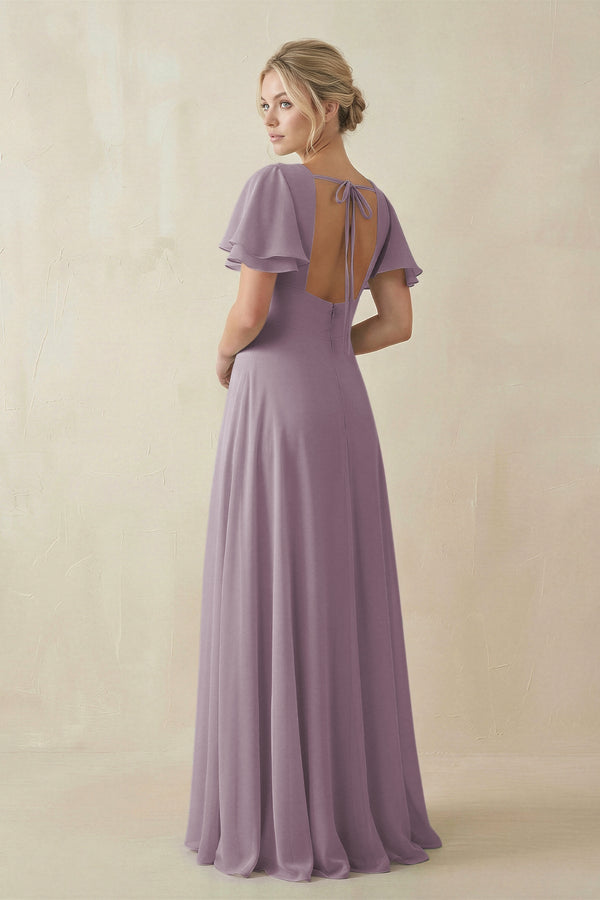 Dusk V-Neck Ruffled Short Sleeves A-Line Bridesmaid Dress | KISSBRIDAL