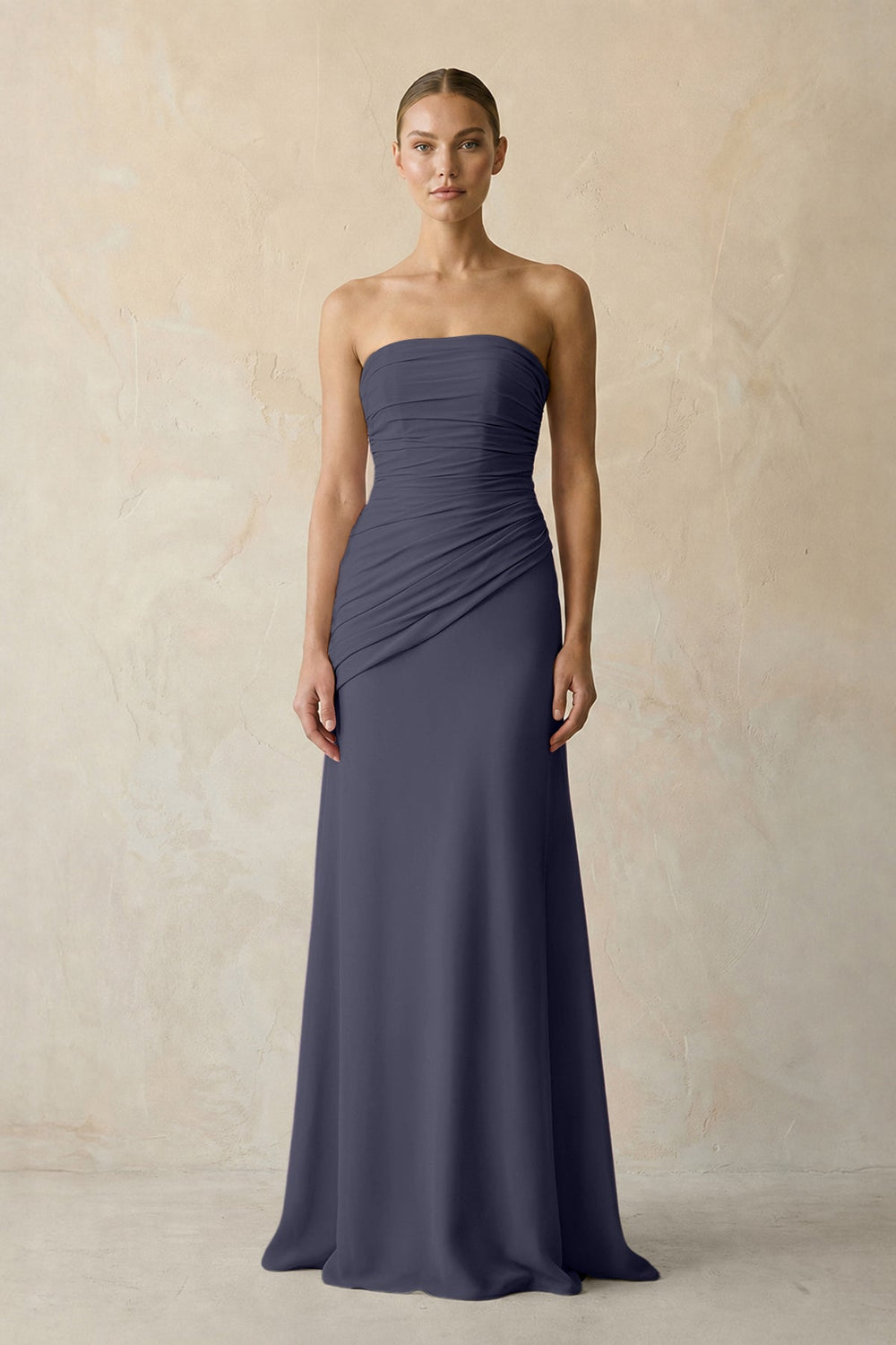 Sheath Chiffon Strapless Pleated Bridesmaid Dress in Dusk Blue