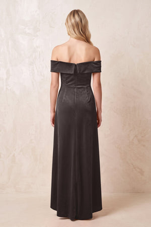 Off - the - Shoulder Sheath Velvet Midi Bridesmaid Dress in Espresso - KISS BRIDAL Bridesmaid Dresses