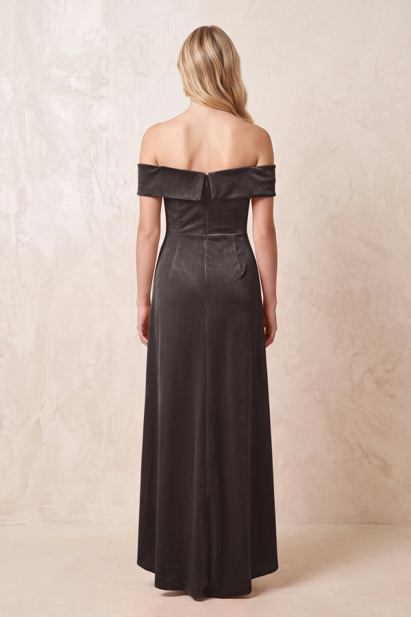 Off - the - Shoulder Sheath Velvet Midi Bridesmaid Dress in Espresso - KISS BRIDAL Bridesmaid Dresses
