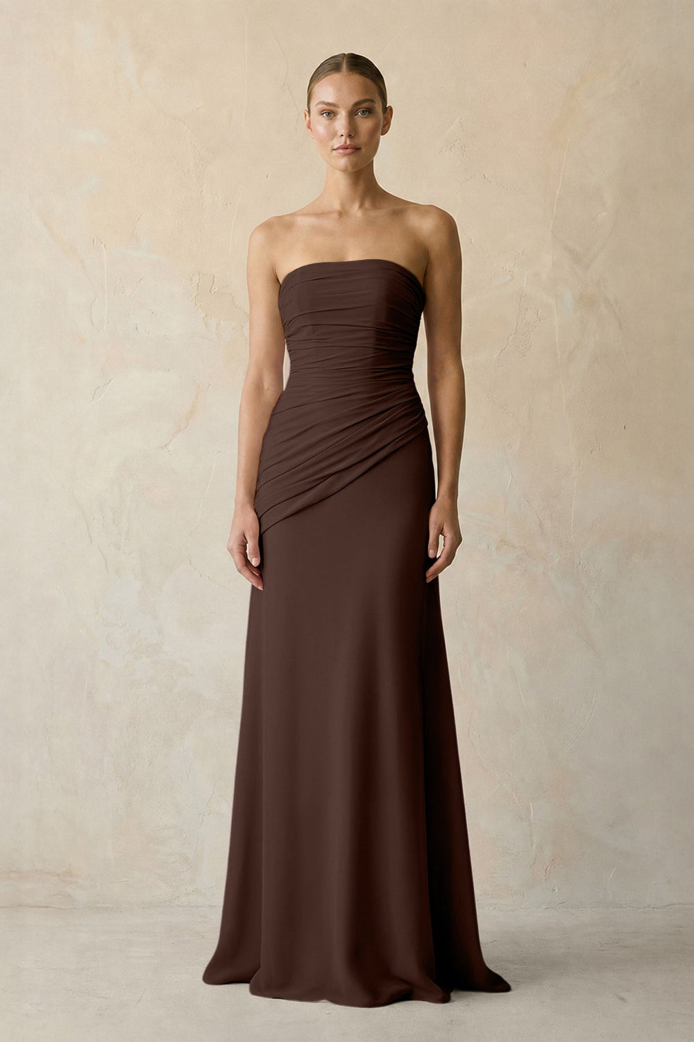 Sheath Chiffon Strapless Pleated Bridesmaid Dress in Espresso