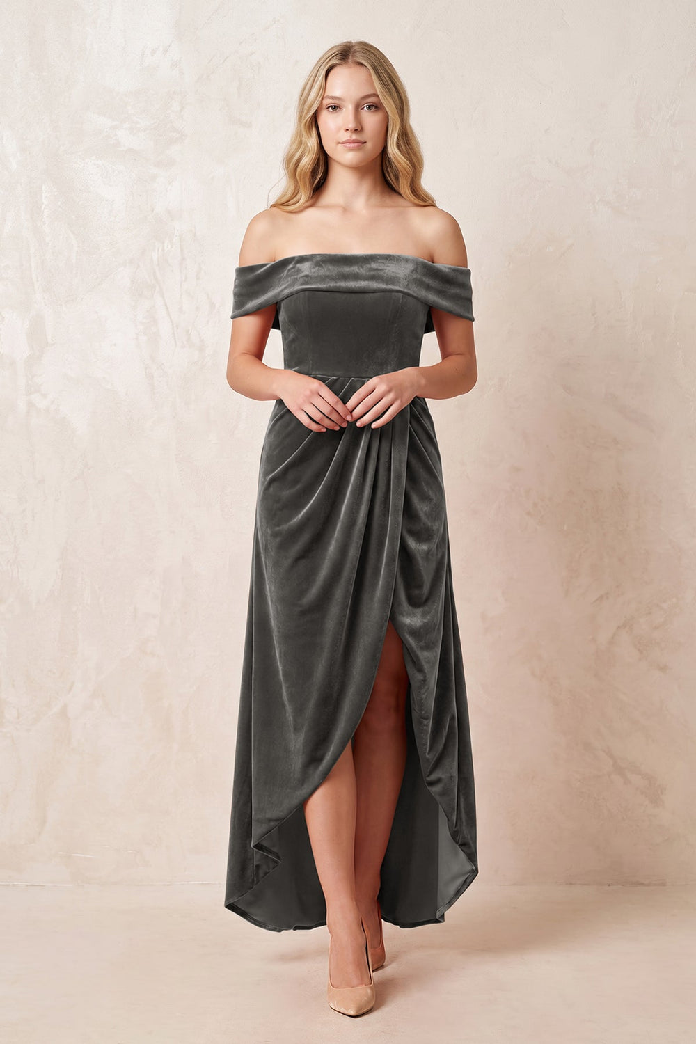 Off-the-Shoulder Sheath Velvet Midi Bridesmaid Dress in Frost