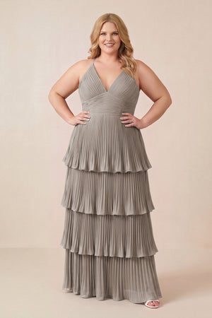 Tiered Pleated V - Neck A - Line Chiffon Bridesmaid Dress in Frost - KISS BRIDAL Bridesmaid Dresses[sizeplus]