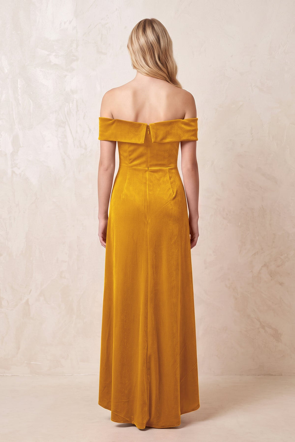 Off-the-Shoulder Sheath Velvet Midi Bridesmaid Dress in Gold