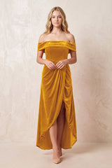 Off - the - Shoulder Sheath Velvet Midi Bridesmaid Dress in Gold - KISS BRIDAL Bridesmaid Dresses