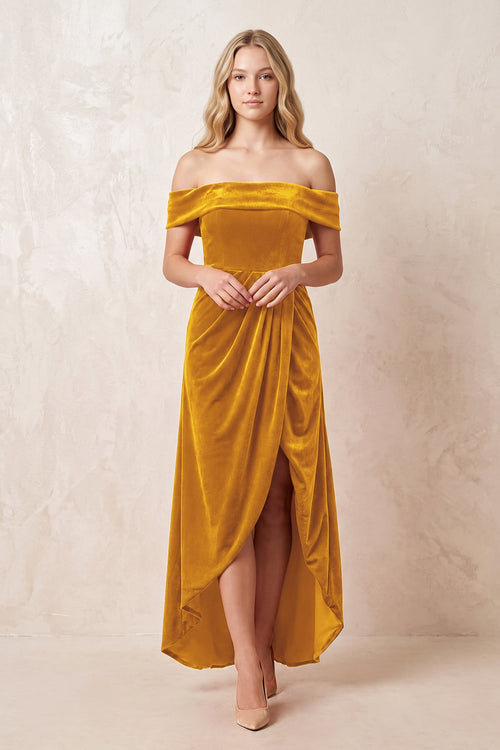 Off - the - Shoulder Sheath Velvet Midi Bridesmaid Dress in Gold - KISS BRIDAL Bridesmaid Dresses