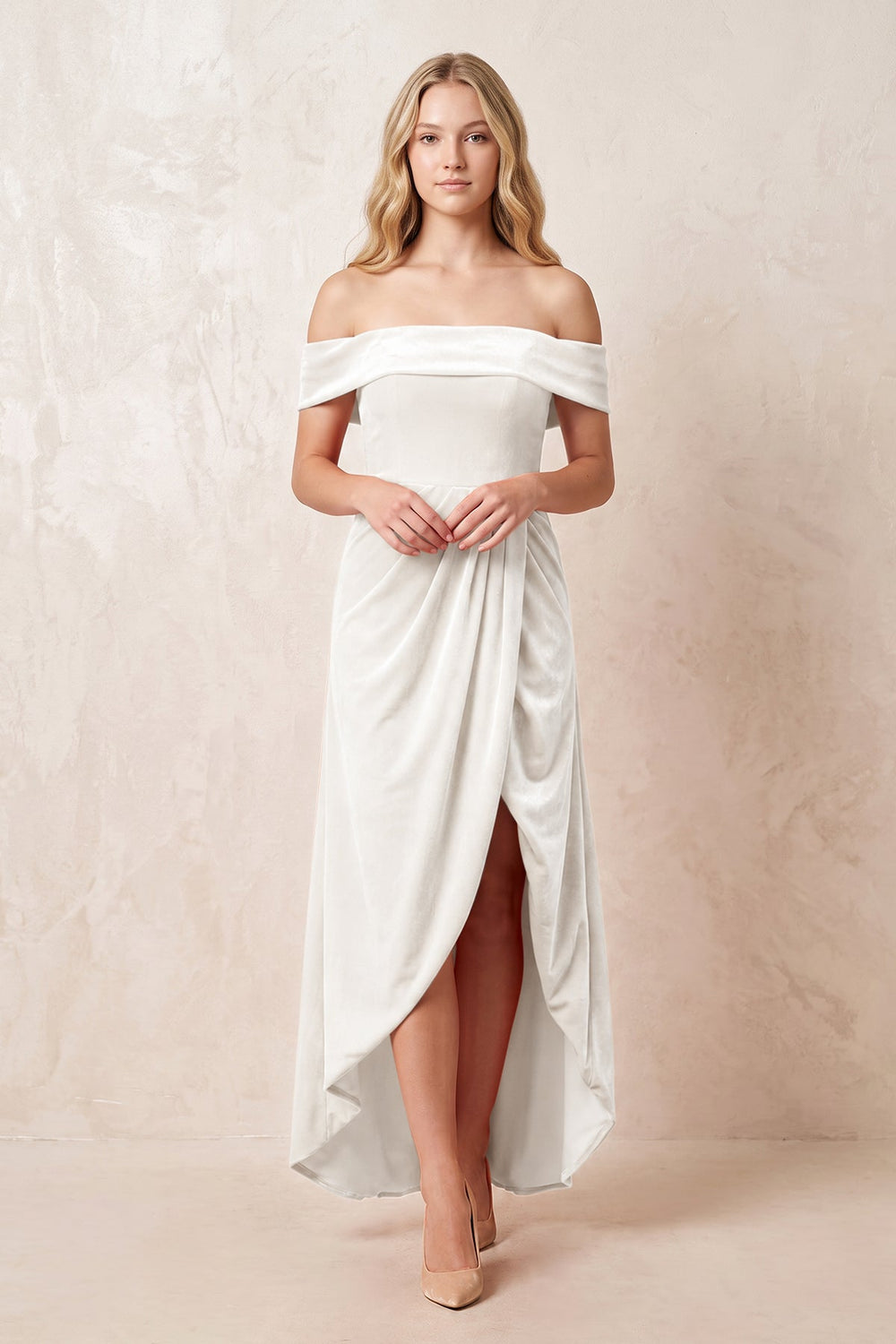 Off-the-Shoulder Sheath Velvet Midi Bridesmaid Dress in Ivory