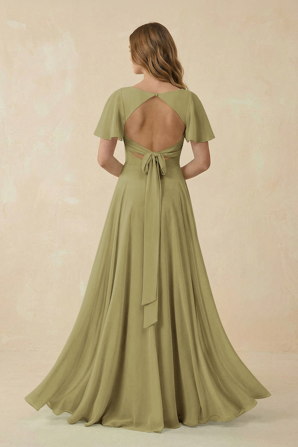Flutter Sleeve V-Neck Chiffon A-Line Bridesmaid Dress in Moss Green