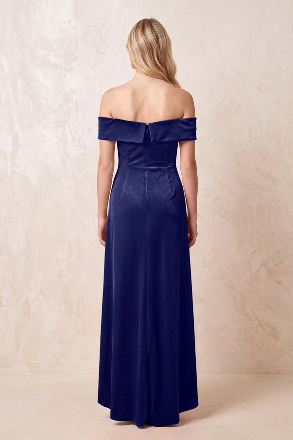 Off - the - Shoulder Sheath Velvet Midi Bridesmaid Dress in Navy - KISS BRIDAL Bridesmaid Dresses