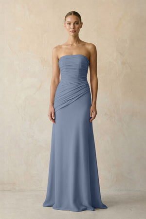 Neptune Sheath Chiffon Strapless Pleated Bridesmaid Dress in Frost - KISS BRIDAL Bridesmaid Dresses