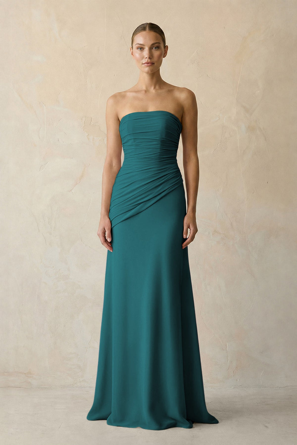 Sheath Chiffon Strapless Pleated Bridesmaid Dress in Pine