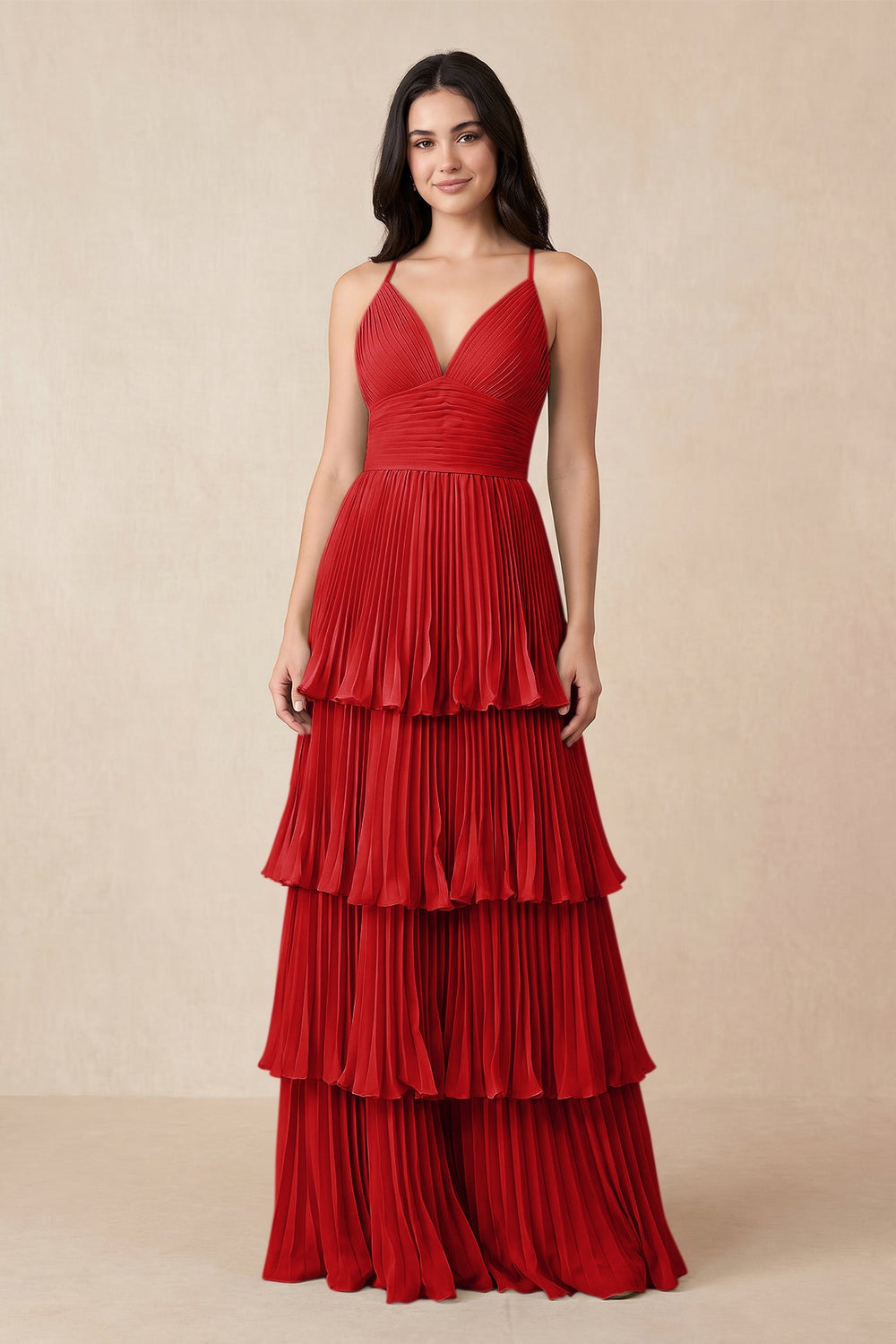 Tiered Pleated V-Neck A-Line Chiffon Bridesmaid Dress in Ruby Red
