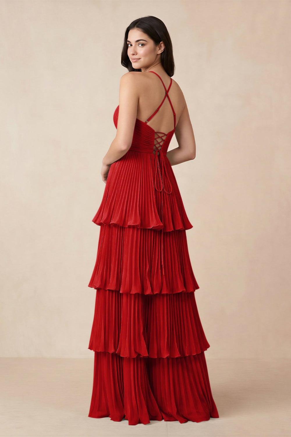 Tiered Pleated V-Neck A-Line Chiffon Bridesmaid Dress in Ruby Red