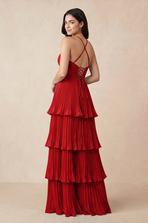 Tiered Pleated V - Neck A - Line Chiffon Bridesmaid Dress in Ruby Red - KISS BRIDAL Bridesmaid Dresses