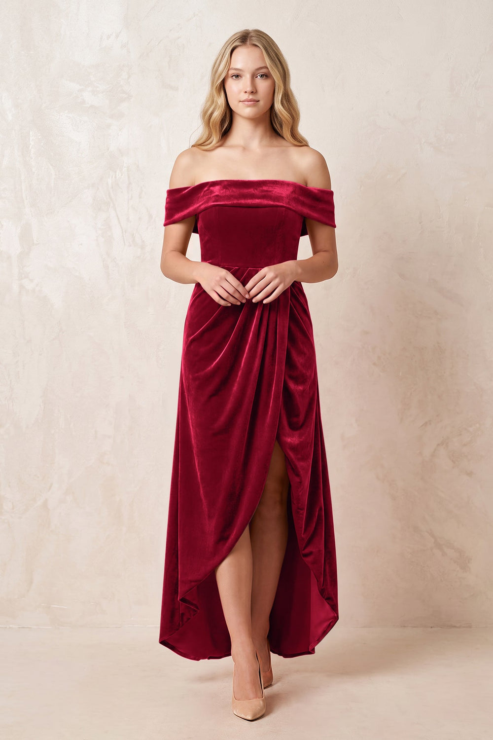 Off-the-Shoulder Sheath Velvet Midi Bridesmaid Dress in Ruby Red