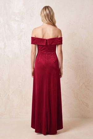 Off - the - Shoulder Sheath Velvet Midi Bridesmaid Dress in Ruby Red - KISS BRIDAL Bridesmaid Dresses