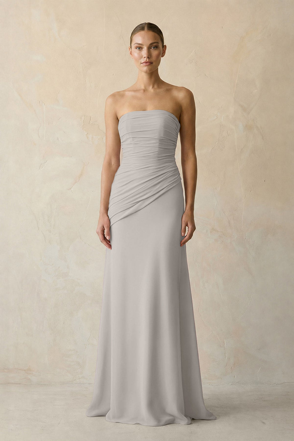 Sheath Chiffon Strapless Pleated Bridesmaid Dress in Silver