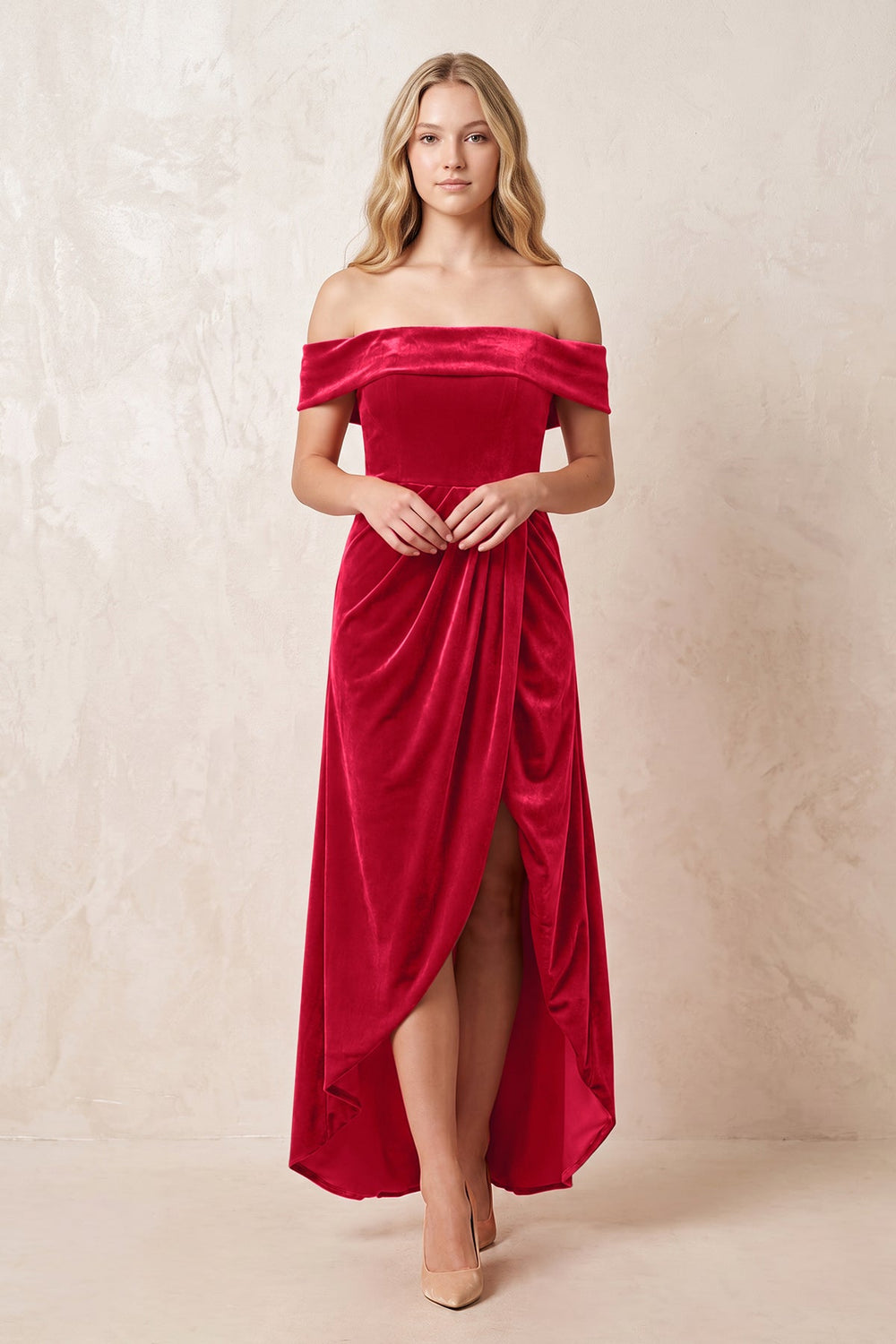 Off-the-Shoulder Sheath Velvet Midi Bridesmaid Dress in Spice