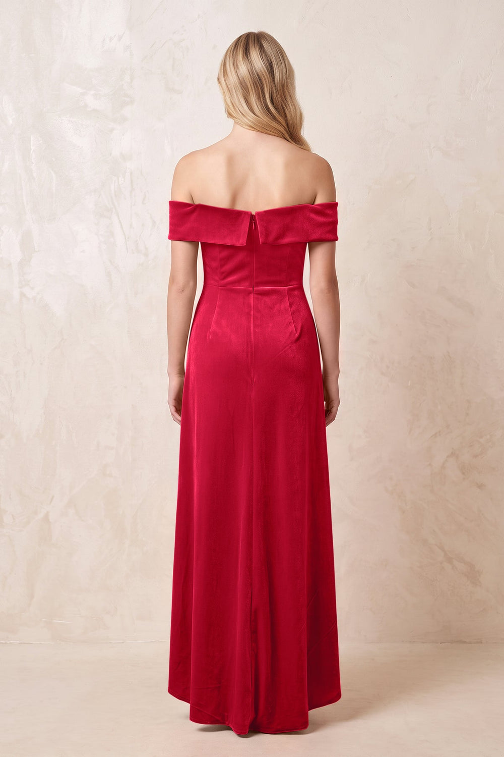 Off-the-Shoulder Sheath Velvet Midi Bridesmaid Dress in Spice