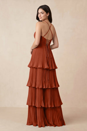 Tiered Pleated V - Neck A - Line Chiffon Bridesmaid Dress in Spice - KISS BRIDAL Bridesmaid Dresses